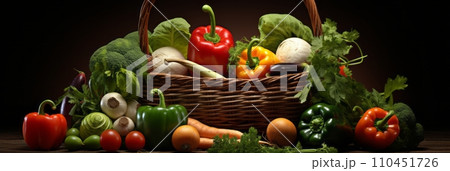Basket of fresh vegetables on the table, seasonal farm vegetables, banner Basket of fresh vegetables on the table, seasonal farm vegetables, banner 110451726