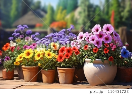 Beautiful colorful variety of spring and summer flowers in pots on the patio 110451728