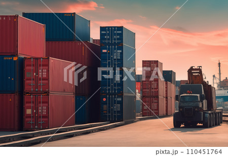 Shipping containers in sea port on sunse. Logistics concept. 110451764