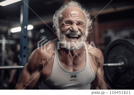 Fitness man at workout. Elderly pensioner old man smiling in gym. 110451821