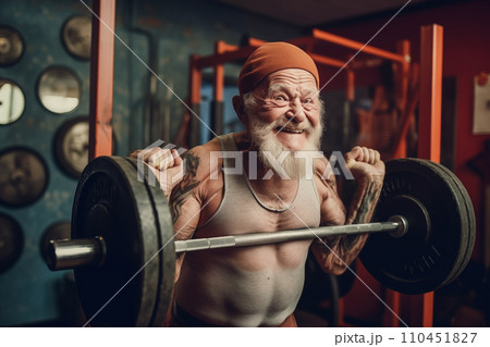 Fitness man at workout. Elderly pensioner old man smiling in gym. 110451827