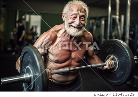 Fitness man at workout. Elderly pensioner old man smiling in gym. 110451828