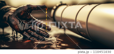 Oil drill rig and drilling derrick. spilled oil at oil field 110451830