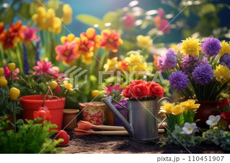 Beautiful colorful variety of spring and summer flowers in pots and a watering can on the patio 110451907