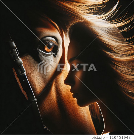 A Close-up of a Horse Eye and Beautiful Woman Profile, AI Generated 110451948
