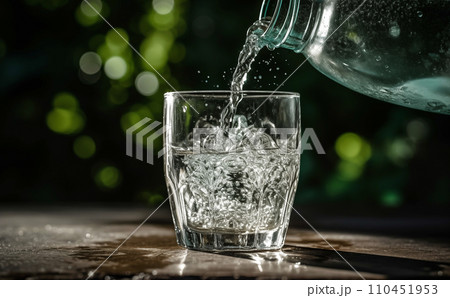 Drink water pouring in to glass mug from water plastic bottle on green background.  110451953