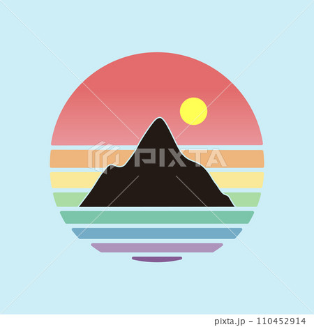 Retro sunset for banner or print. 80s style retrowave striped circles with mountains and sun. Vector illustration 110452914