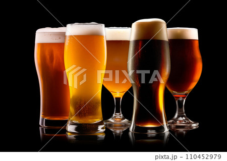 Set of Beer glasses on a black background. Mugs with drink like Ipa, Pale Ale, Pilsner, Porter or Stout 110452979
