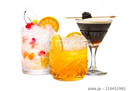 Set and collection of classic alcohol cocktails or mocktail isolated on white background with fresh summer fruits 110452992