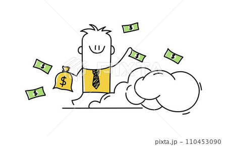 Successful stick man, businessman with money on the cloud. Successful stick man, businessman with money on the cloud. 110453090