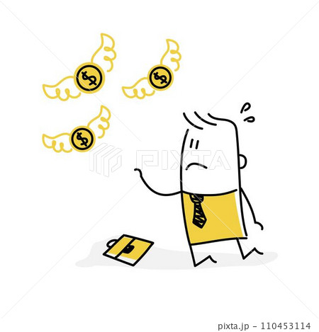Sad stickman watching his money coin flying away. Sad stickman watching his money coin flying away. 110453114