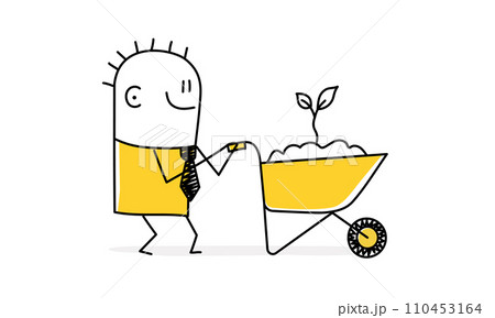 Stickman is carrying cart with earth and plant. 110453164