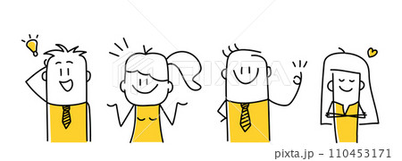 Set of happy stick figures showing various positive emotions with gestures. 110453171