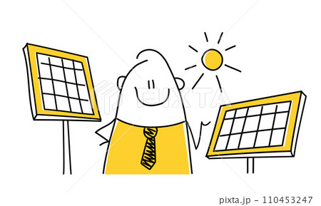 Stick figure, businessman show solar panels. Stick figure, businessman show solar panels. 110453247