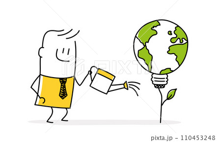 Stickman watering a light bulb plant, globe. 110453248
