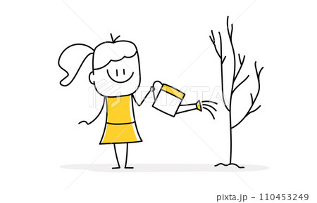 Stick figure, woman is watering young tree. 110453249