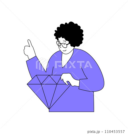 Teamwork concept with cartoon people in flat design for web. Woman with diamond making work with high quality and company values. Vector illustration for social media banner, marketing material. 110453557