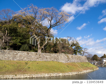 彦根城の内堀と石垣(鉢巻腰巻石垣)。滋賀県道518号彦根城線から12月に撮影。 110453649