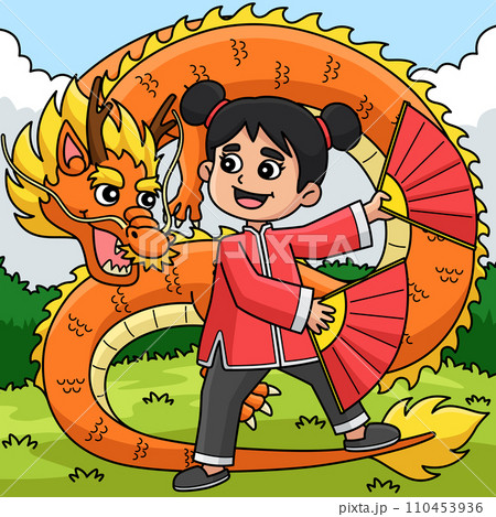 Year of the Dragon Chinese Girl Colored Cartoon 110453936