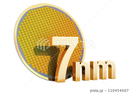 Silicon Wafer with Processor Cores, 7 nm size. 3D rendering Silicon Wafer with Processor Cores, 7 nm size. 3D rendering 110454087