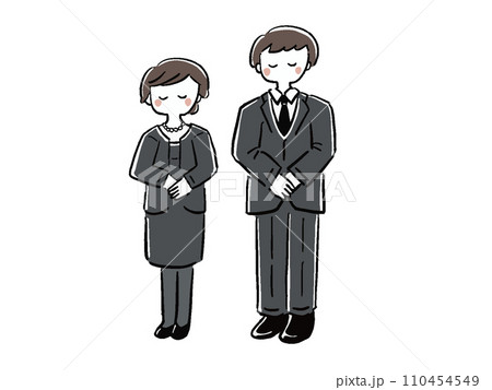 お辞儀をする喪服の男女 全身 手描き風イラストセット お辞儀をする喪服の男女 全身 手描き風イラストセット 110454549