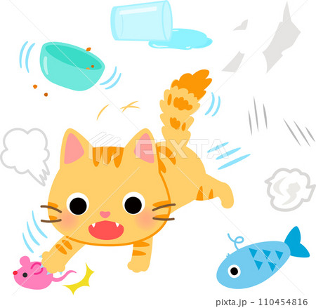走り回って遊ぶ猫と散らかった物 110454816