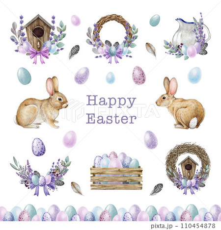 Easter festive decor element set in tender colors. Watercolor painted illustration collection. Hand drawn tender colored eggs, rustic vintage style elements, bunnies. Easter set on white background 110454878