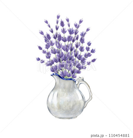 Lavender flower in a vase watercolor illustration. Hand painted lavandula in a white ceramic jug. Vintage style rustic element. Fresh aromatic lavender herb in a white vase. White background 110454881