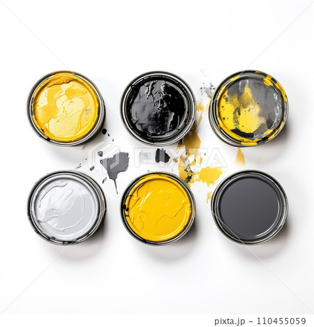Cans of yellow, gray and black paint isolated on white background. Stained paint cans and paint strokes on a white background. 110455059