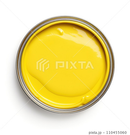 Full Can of bright yellow paint, top view. Yellow paint in a metal can isolated on a white background. Homogeneous texture of universal paint close-up. 110455060