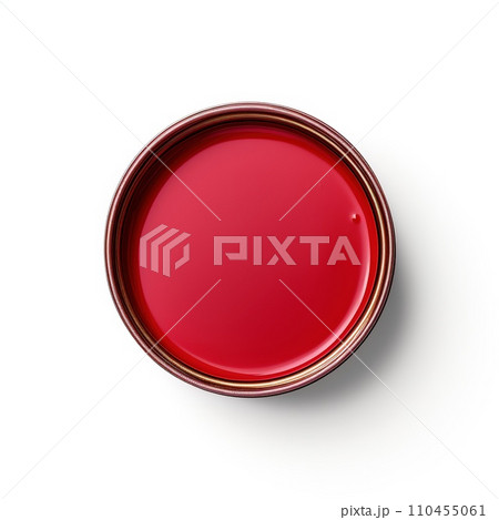Can with red paint on a white background, top view. Red dahlia pantone. 110455061