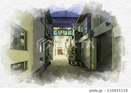 水彩画風 福井市街 JR福井駅西口 新栄商店街 福井県福井市 水彩画風 福井市街 JR福井駅西口 新栄商店街 福井県福井市 110455138