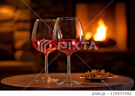 暖炉とワイングラス14　AI生成画像 110455482