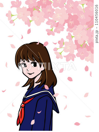 満開の桜の花びらが舞い散る中でこちらに笑顔を向ける制服を着た女性のベクターイラスト 満開の桜の花びらが舞い散る中でこちらに笑顔を向ける制服を着た女性のベクターイラスト 110456016