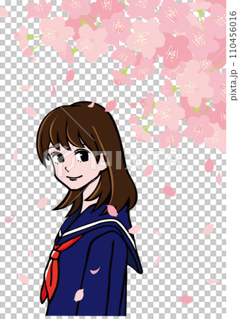 満開の桜の花びらが舞い散る中でこちらに笑顔を向ける制服を着た女性のベクターイラスト 満開の桜の花びらが舞い散る中でこちらに笑顔を向ける制服を着た女性のベクターイラスト 110456016