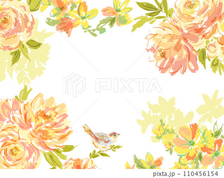 オレンジのバラと草花、鳥のインビテーション背景用イラスト素材 110456154