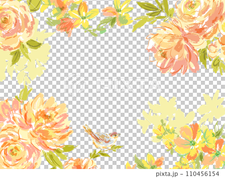 オレンジのバラと草花、鳥のインビテーション背景用イラスト素材 110456154