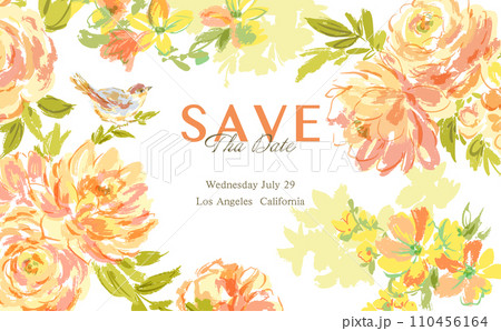 オレンジのバラと草花、鳥のインビテーション背景用イラスト素材 110456164