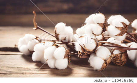 コットンフラワー、テーブル上の白い綿花　AI生成画像 110456260