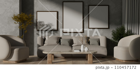 Interior design of a modern, loft living room with comfortable couches, a coffee table, and decor. Interior design of a modern, loft living room with comfortable couches, a coffee table, and decor. 110457172