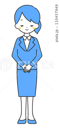 青色|笑顔でお辞儀をする女性|スーツ 青色|笑顔でお辞儀をする女性|スーツ 110457949