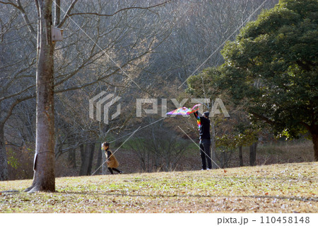 凧揚げする親子 110458148