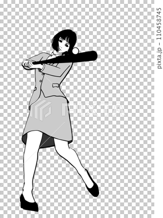 穿著西裝和高跟鞋擊球的女商人的單色插圖 穿著西裝和高跟鞋擊球的女商人的單色插圖 110458745
