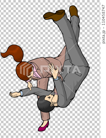 Businesswoman Throwing Technique - A dynamic illustration of a woman in a suit performing a judo throw on a man 110458747