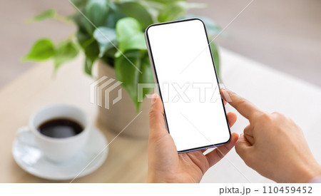 Unrecognizable lady holding phone with blank screen Unrecognizable lady holding phone with blank screen 110459452