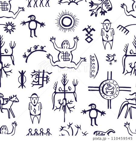 Seamless pattern with northern styled ornament and doodle elements of unuit, chukchi, American native art, mystical emblems Seamless pattern with northern styled ornament and doodle elements of unuit, chukchi, American native art, mystical emblems 110459545