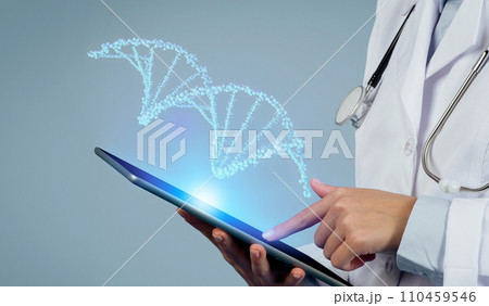 Unrecognizable doctor utilizes CRISPR and augmented reality to optimize patient care with virtual DNA on digital tablet Unrecognizable doctor utilizes CRISPR and augmented reality to optimize patient care with virtual DNA on digital tablet 110459546