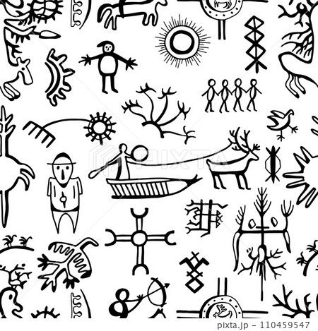 Seamless pattern with northern styled ornament and doodle elements of unuit, chukchi, American native art, mystical emblems 110459547