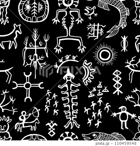 Seamless pattern with northern styled ornament and doodle elements of unuit, chukchi, American native art, mystical emblems 110459548