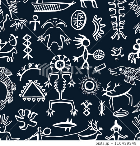 Seamless pattern with northern styled ornament and doodle elements of unuit, chukchi, American native art, mystical emblems Seamless pattern with northern styled ornament and doodle elements of unuit, chukchi, American native art, mystical emblems 110459549